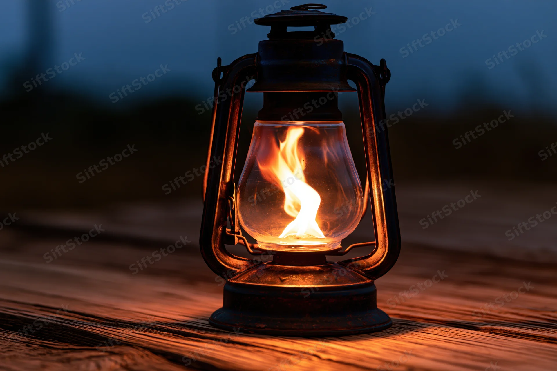 Vintage kerosene lantern with lit flame on wooden surface at twilight