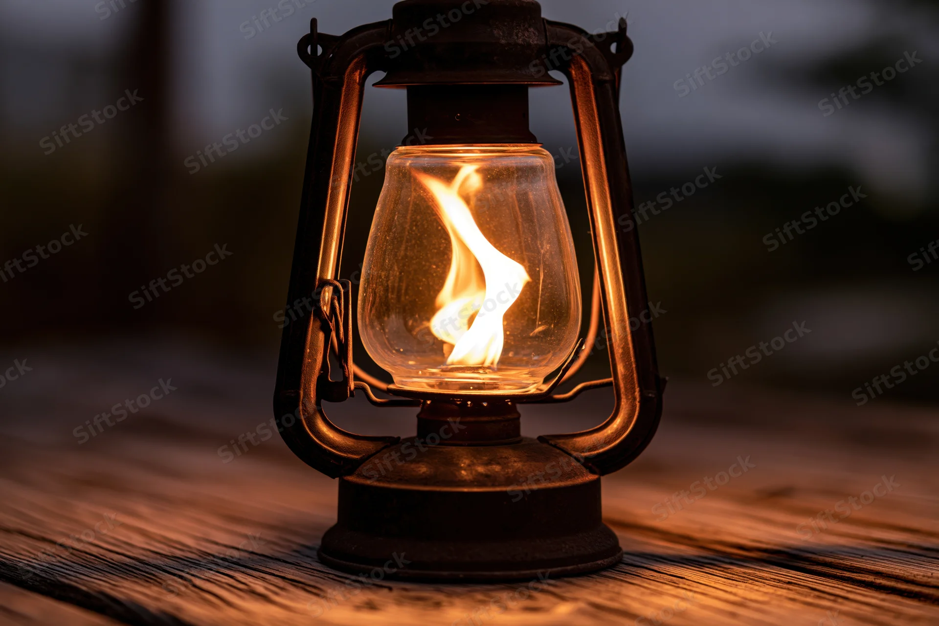 Vintage kerosene lantern with lit flame on weathered wooden table at night