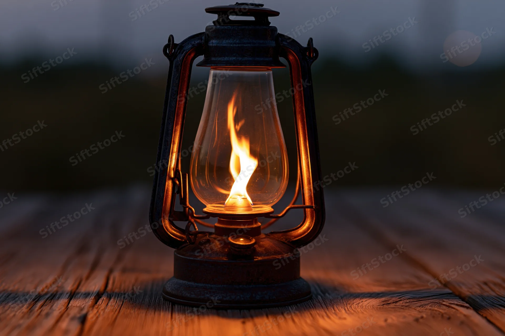 Vintage kerosene lantern with lit flame on weathered wooden table at dusk