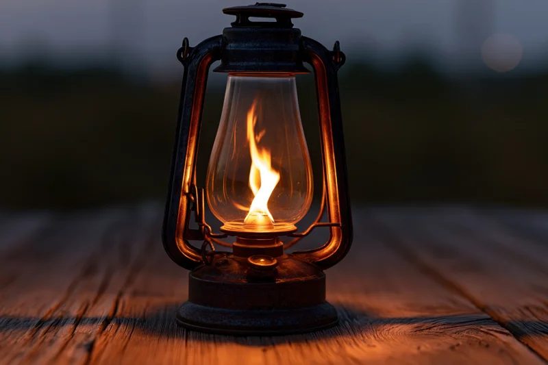 Vintage kerosene lantern with lit flame on weathered wooden table at dusk