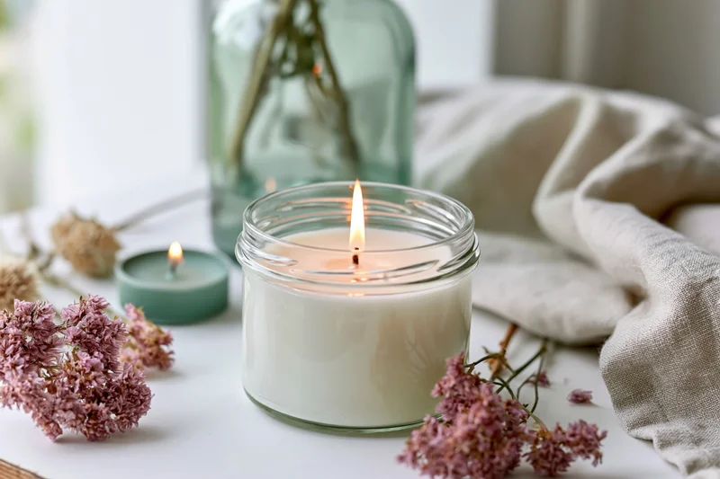 White soy candle burning in a glass jar surrounded by dried pink flowers on a pale white table