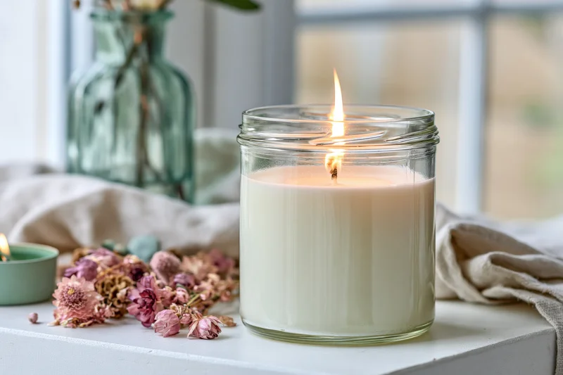 Burning white soy candle in a clear glass jar on a white surface with dried flowers and a vase nearby