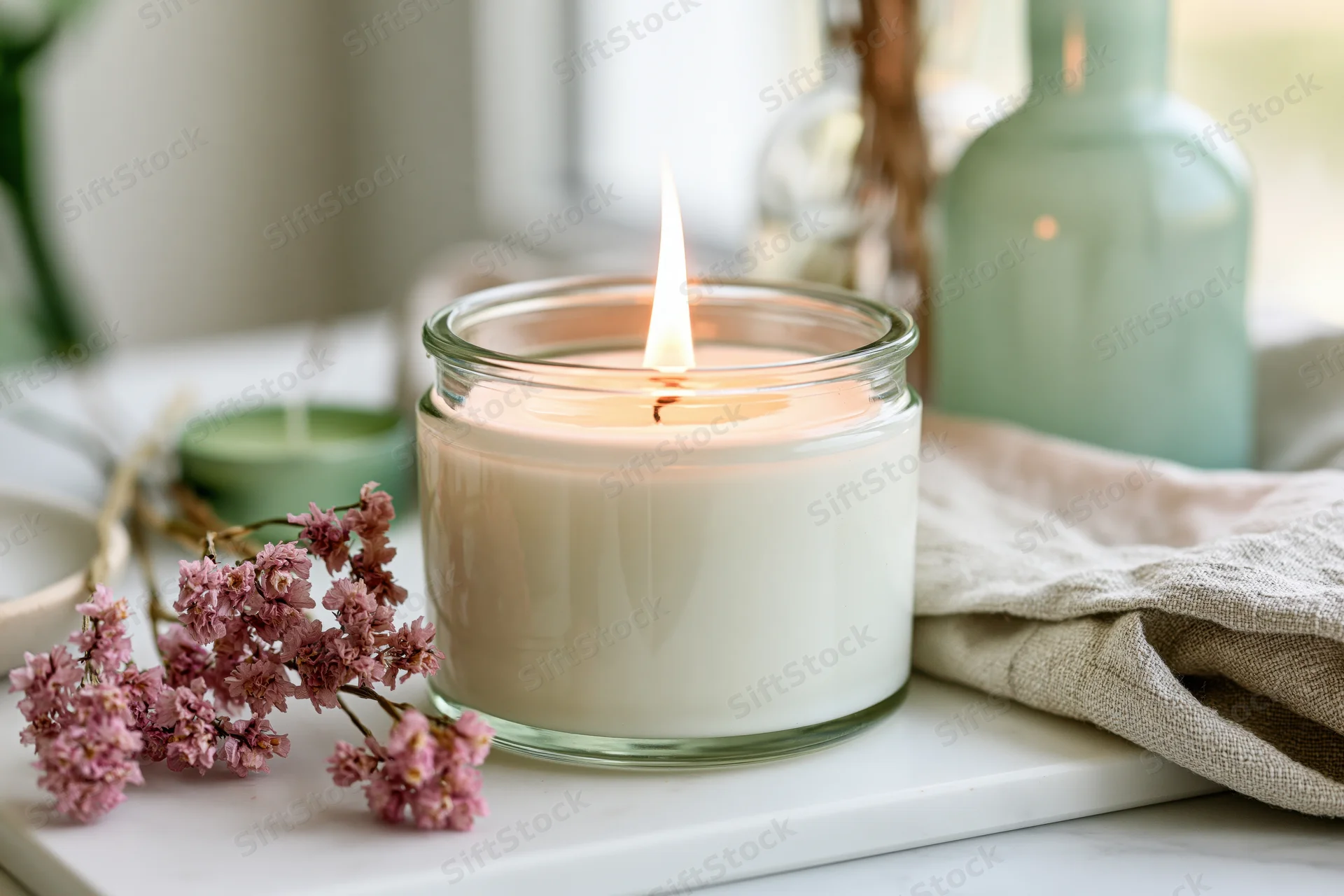 White soy candle burning in a clear glass jar on a pale white surface with dried pink flowers and linen cloth nearby