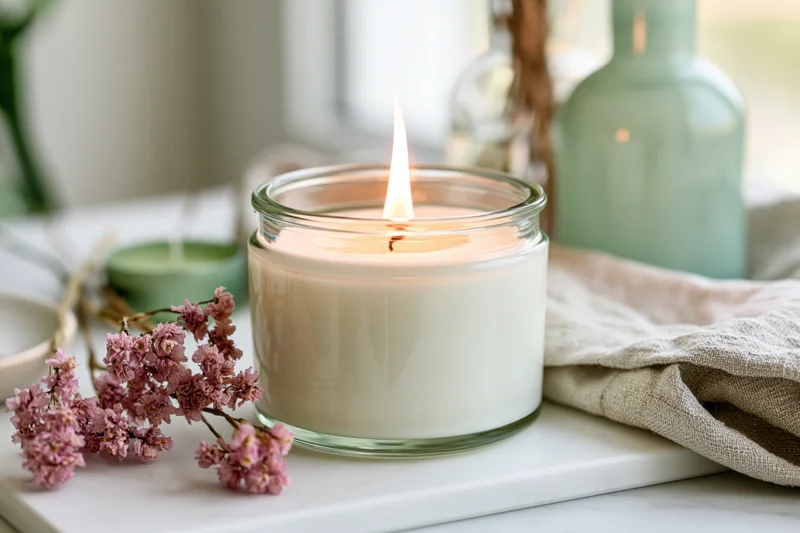 White soy candle burning in a clear glass jar on a pale white surface with dried pink flowers and linen cloth nearby