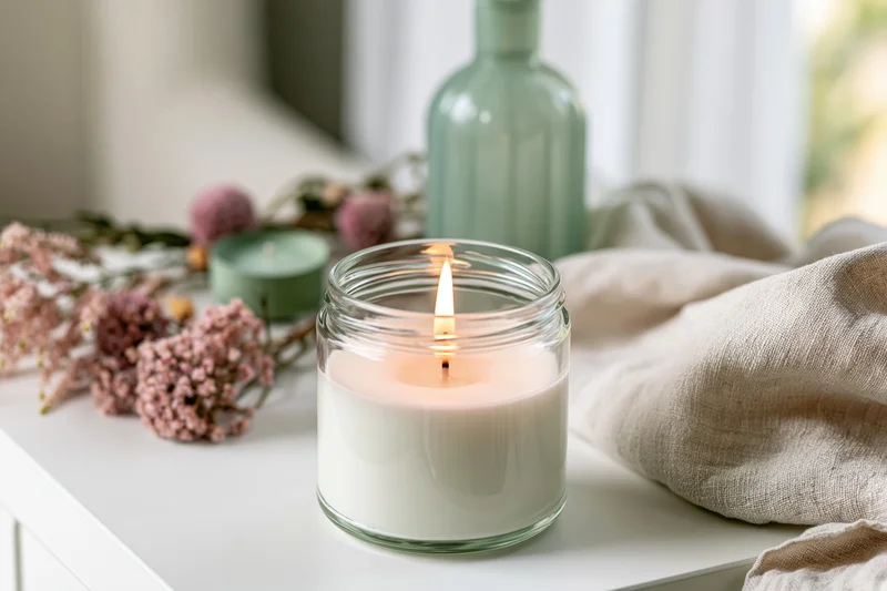 White soy candle burning in a clear glass jar on a pale white table with dried flowers and linen cloth nearby