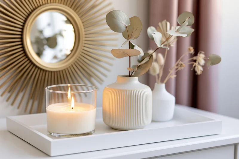 Lit candle and ribbed ceramic vase with dried eucalyptus on white tray in home decor setting