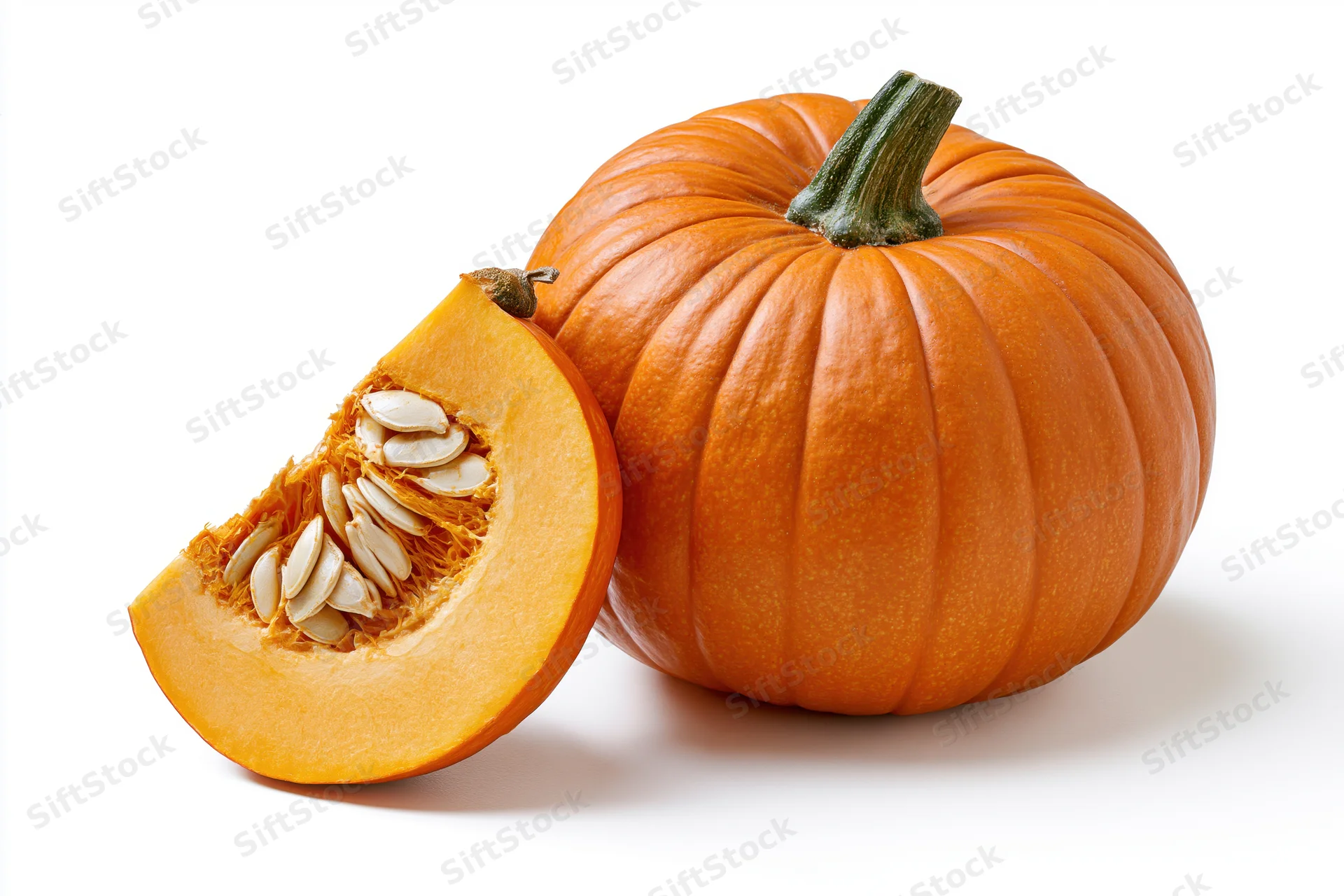 Whole orange pumpkin with a cut wedge slice leaning against it on white background
