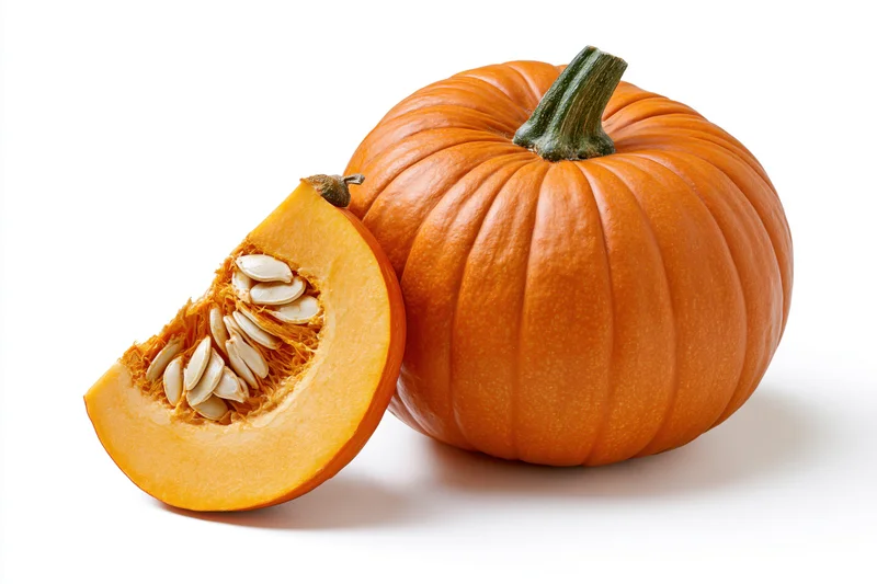 Whole orange pumpkin with a cut wedge slice leaning against it on white background