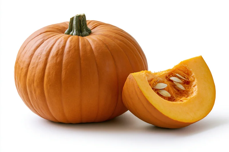 Whole orange pumpkin with a cut wedge slice leaning against it on white background
