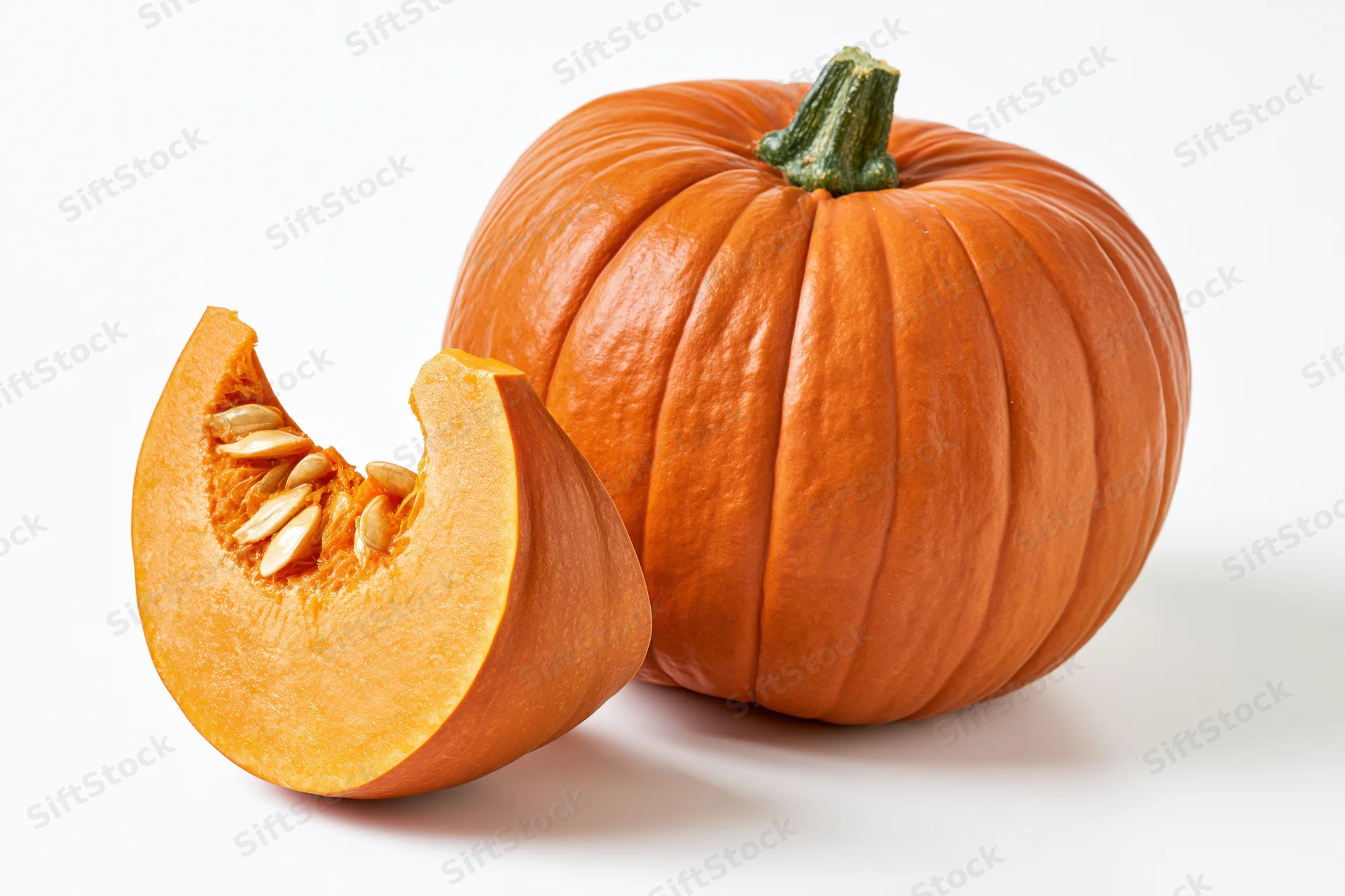 Whole orange pumpkin with a cut wedge slice leaning against it on white background
