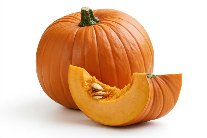 Whole orange pumpkin with a cut wedge slice leaning against it on white background