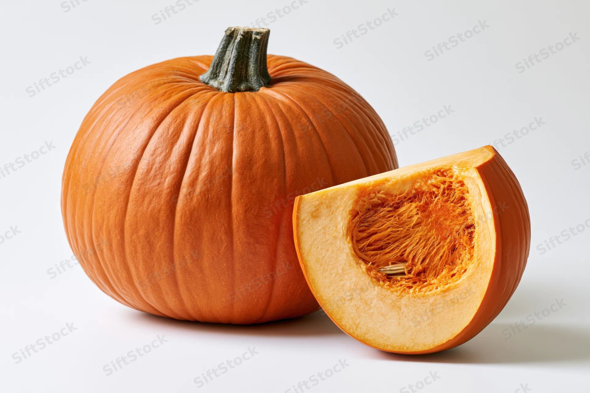 Whole orange pumpkin with a cut wedge slice leaning against it on a white background