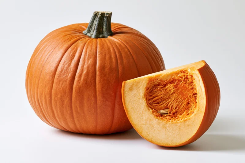 Whole orange pumpkin with a cut wedge slice leaning against it on a white background