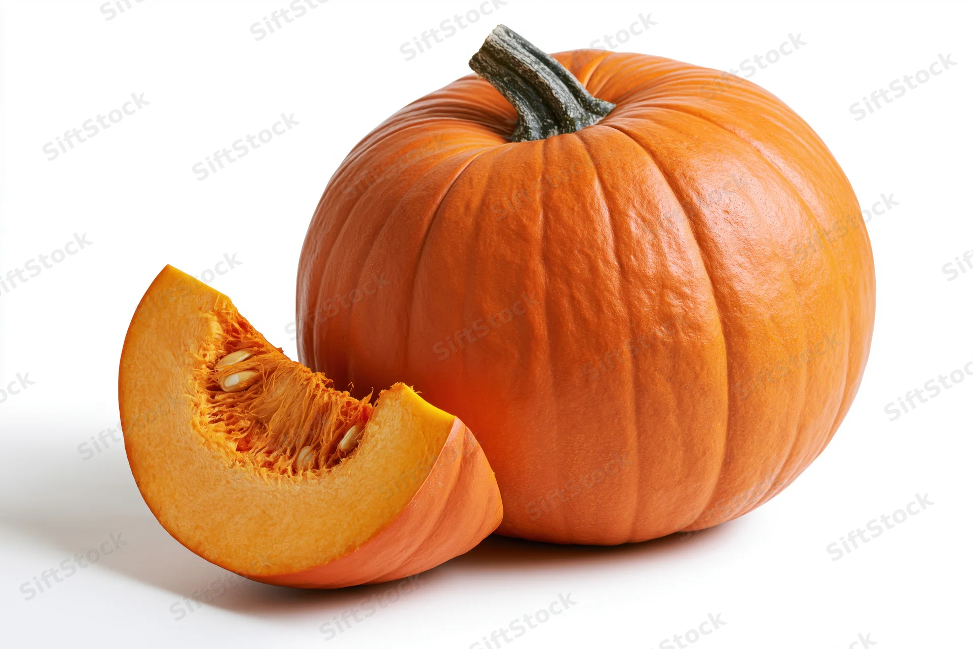 Whole orange pumpkin with a cut wedge slice leaning against it on white background
