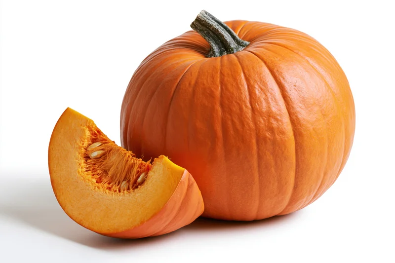 Whole orange pumpkin with a cut wedge slice leaning against it on white background