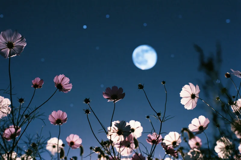 Cosmos flowers in full bloom viewed from low angle against night sky with moon and stars