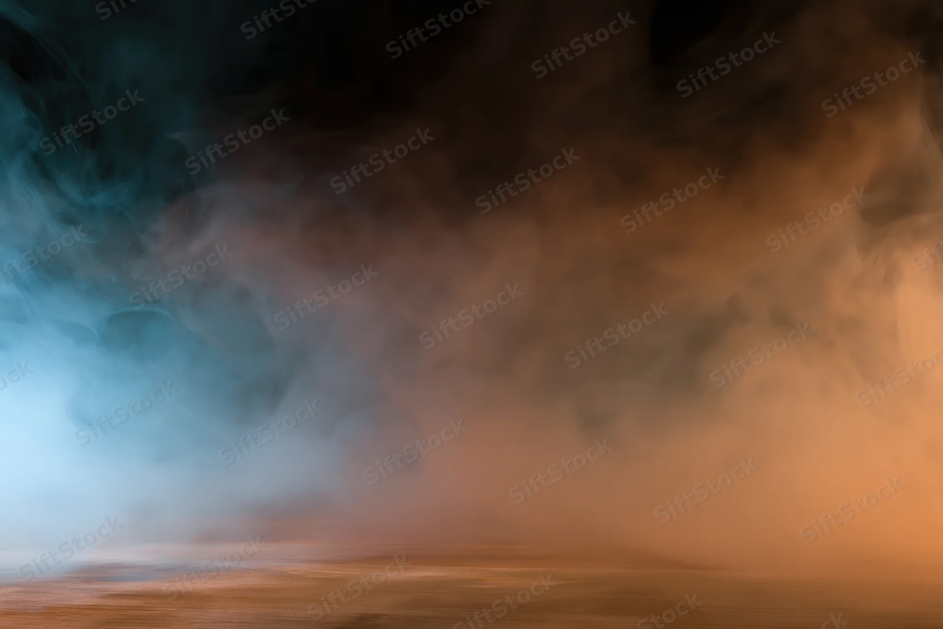 Colored smoke drifting and billowing above a bare wooden surface