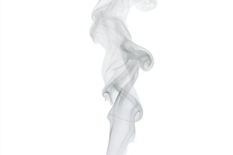 Wispy smoke plume rising and curling mid-air against a white background