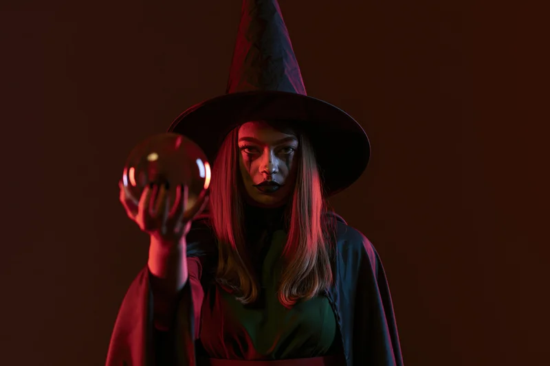 Woman in witch costume holding crystal ball under red lighting