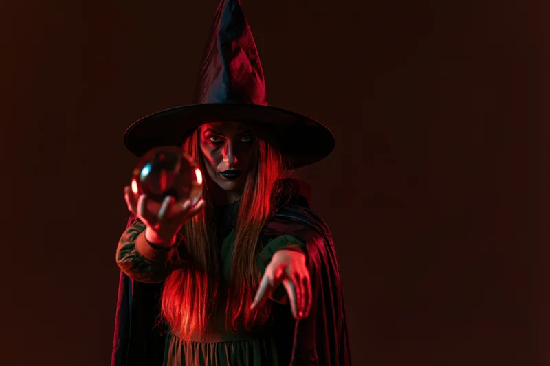 Woman in witch costume holding crystal ball and pointing forward in red-lit studio