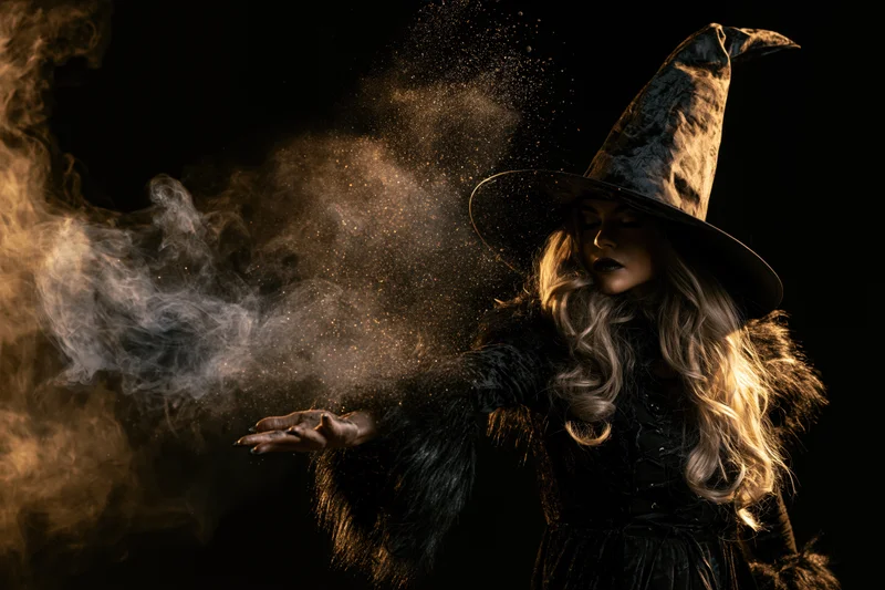 Woman in tall pointed witch hat casting spell with smoke and dust against dark background