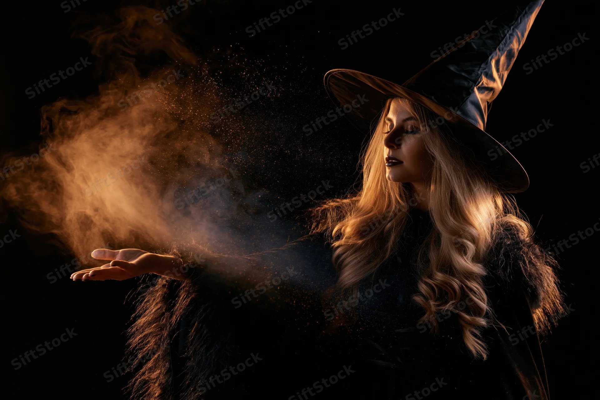 Woman in witch costume casting spell with glowing smoke from her hand against dark background