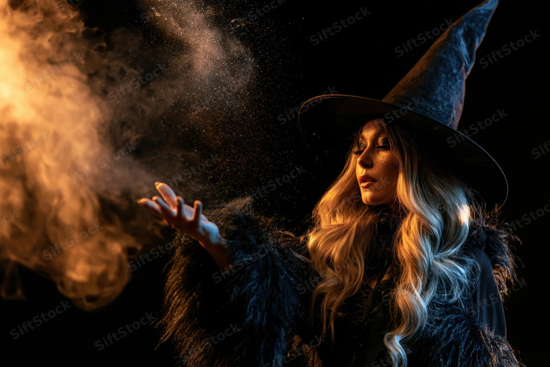 Witch in tall pointed hat casting spell with smoke against dark background
