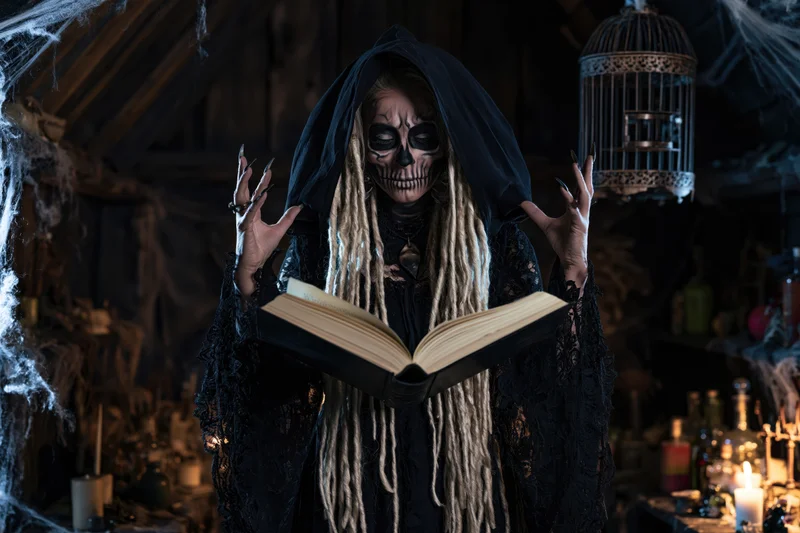 Woman in skull face paint and black hooded lace dress holding open book in dim attic with candles and cobwebs