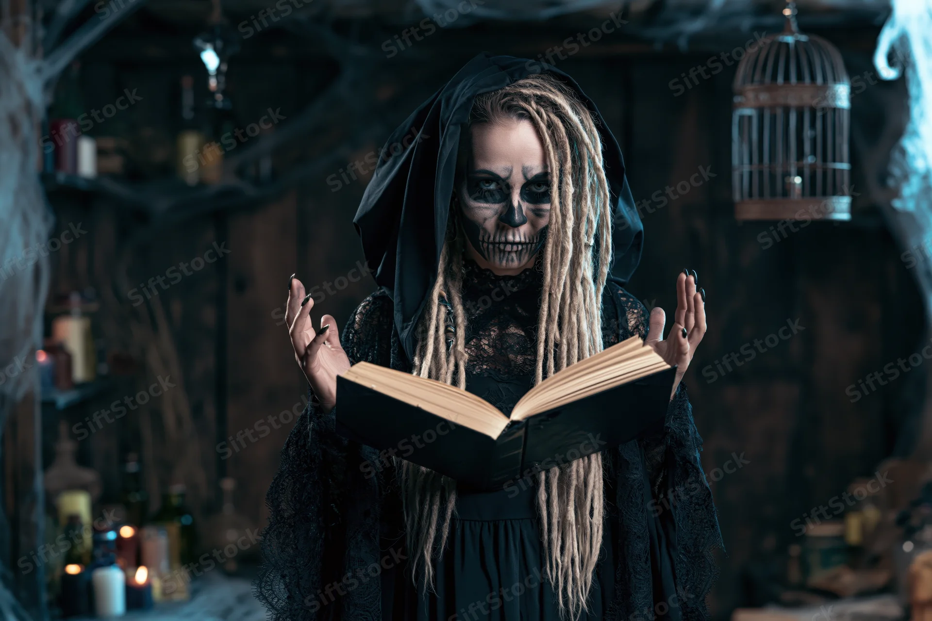 Woman in skull face paint and black hooded lace dress reading an open book in a dimly lit witch’s lair with candles, bottles, and a cage in the background