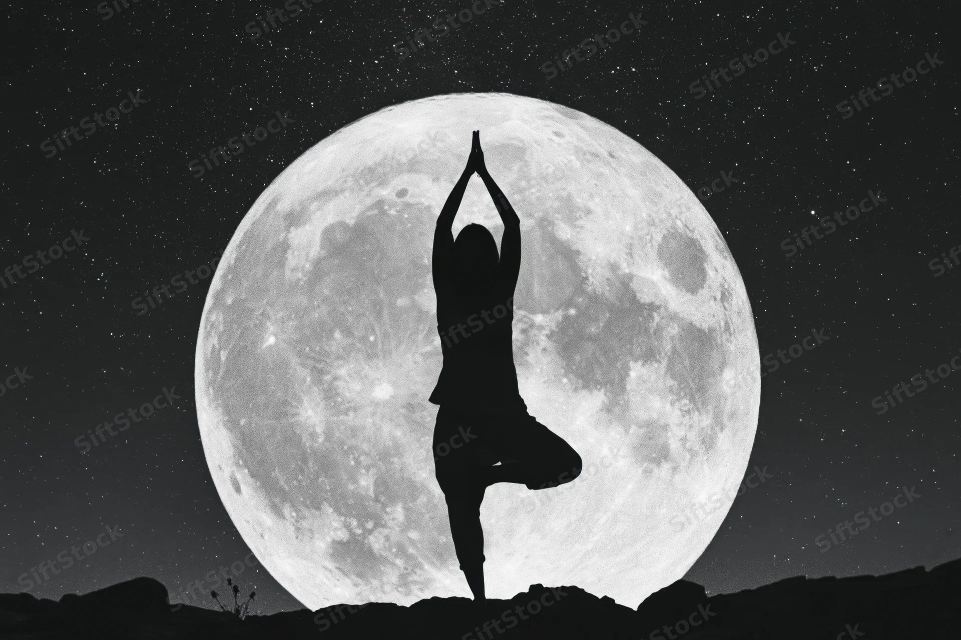 Woman in tree pose yoga silhouette against full moon at night