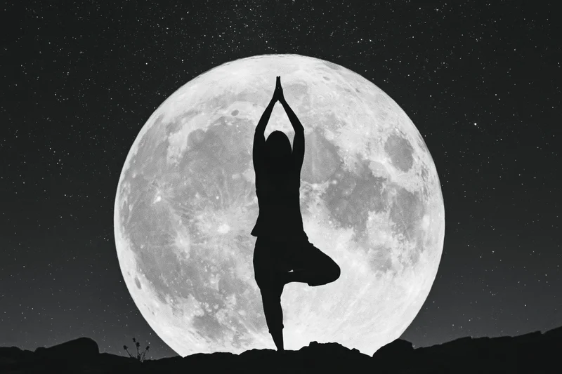 Woman in tree pose yoga silhouette against full moon at night