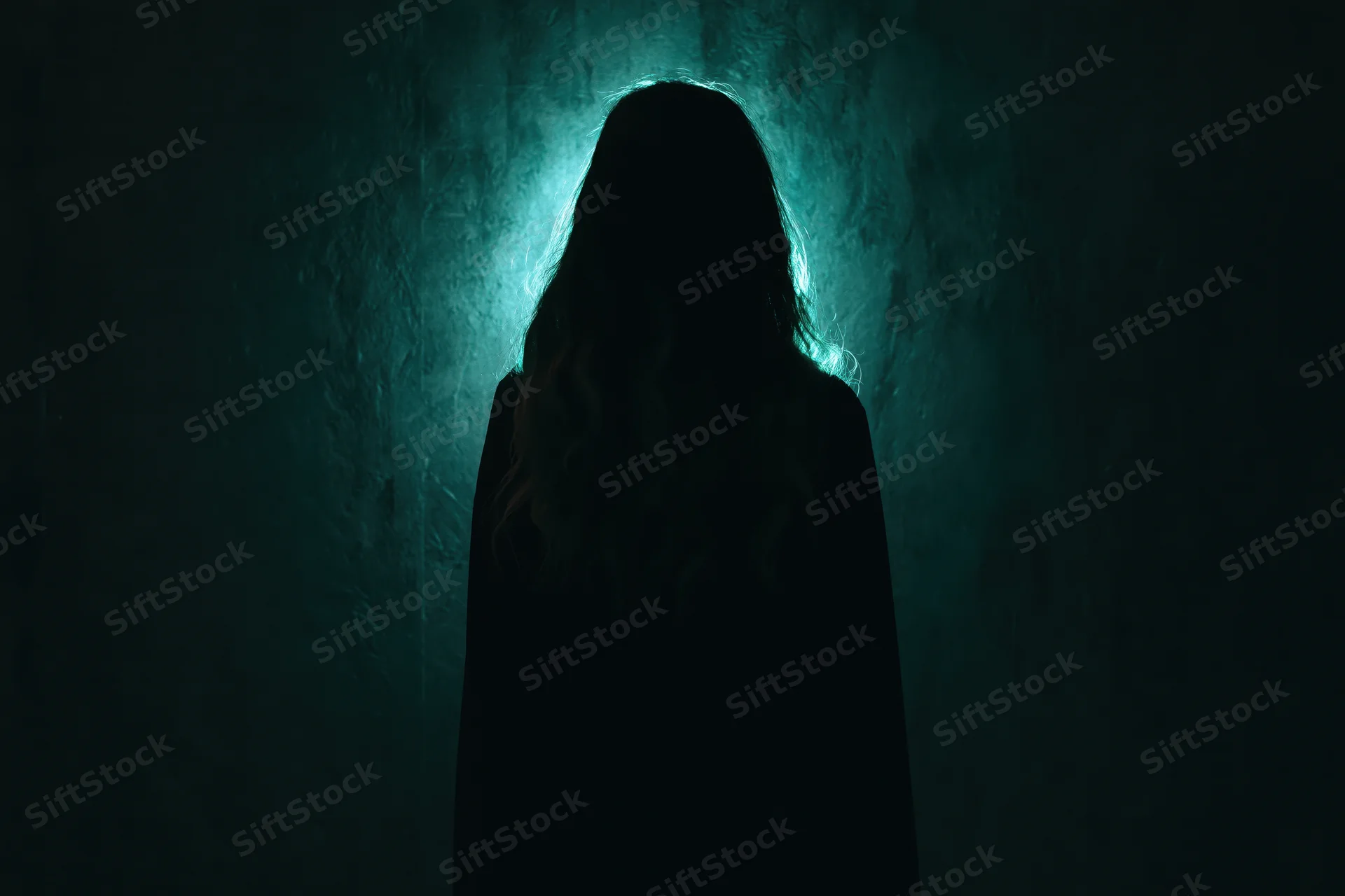 Woman in silhouette standing backlit by teal light against dark textured wall