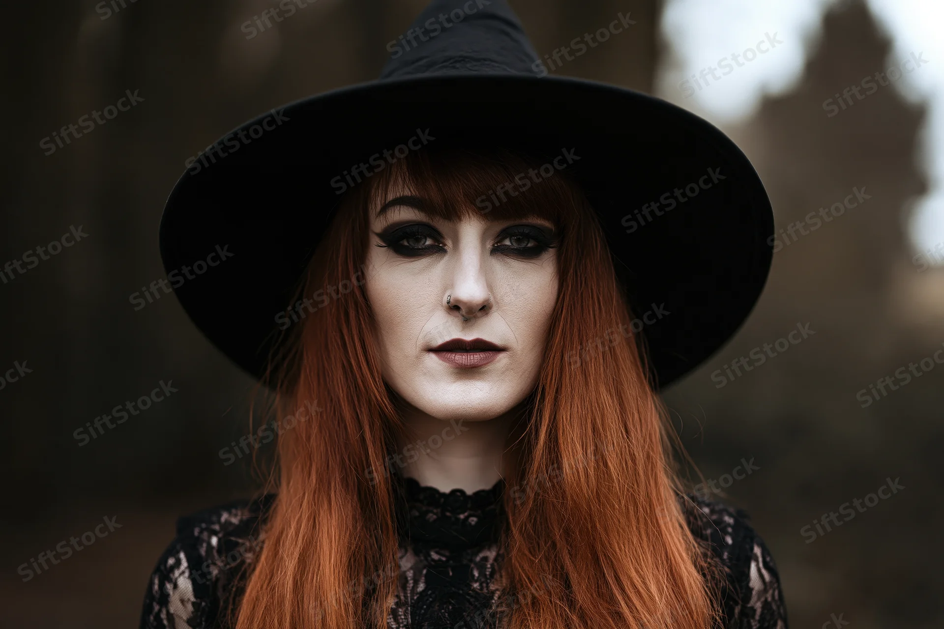 Woman in witch costume with wide-brim black hat and red hair outdoors in forest