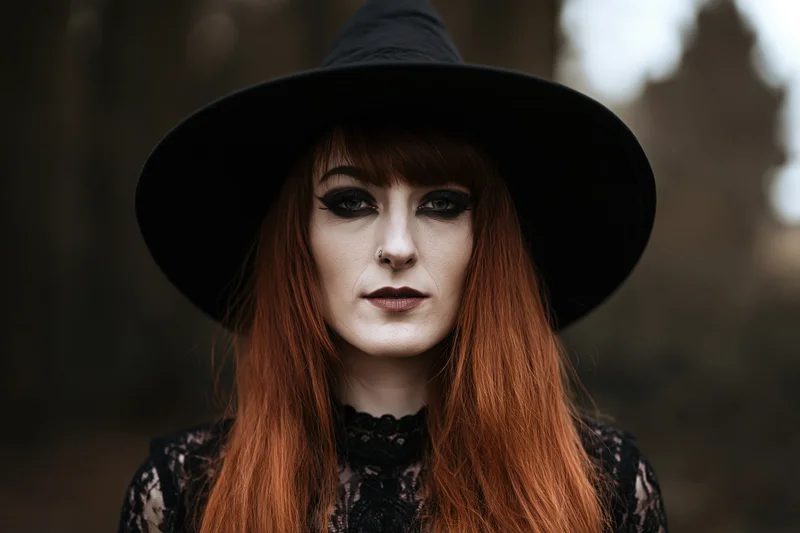 Woman in witch costume with wide-brim black hat and red hair outdoors in forest