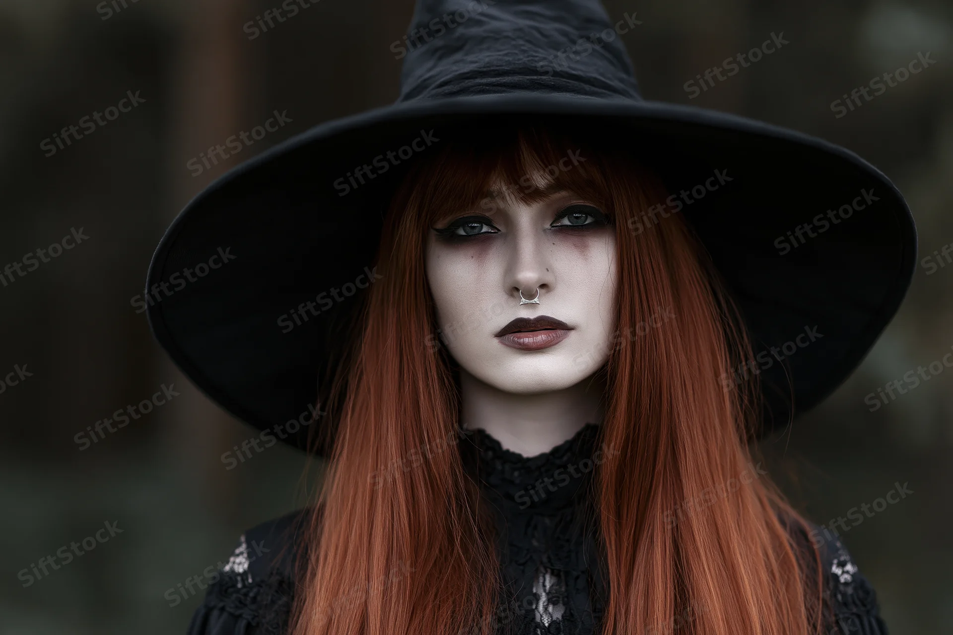Woman in witch costume with long red hair and black hat, wearing dark makeup and lace top, looking directly at camera