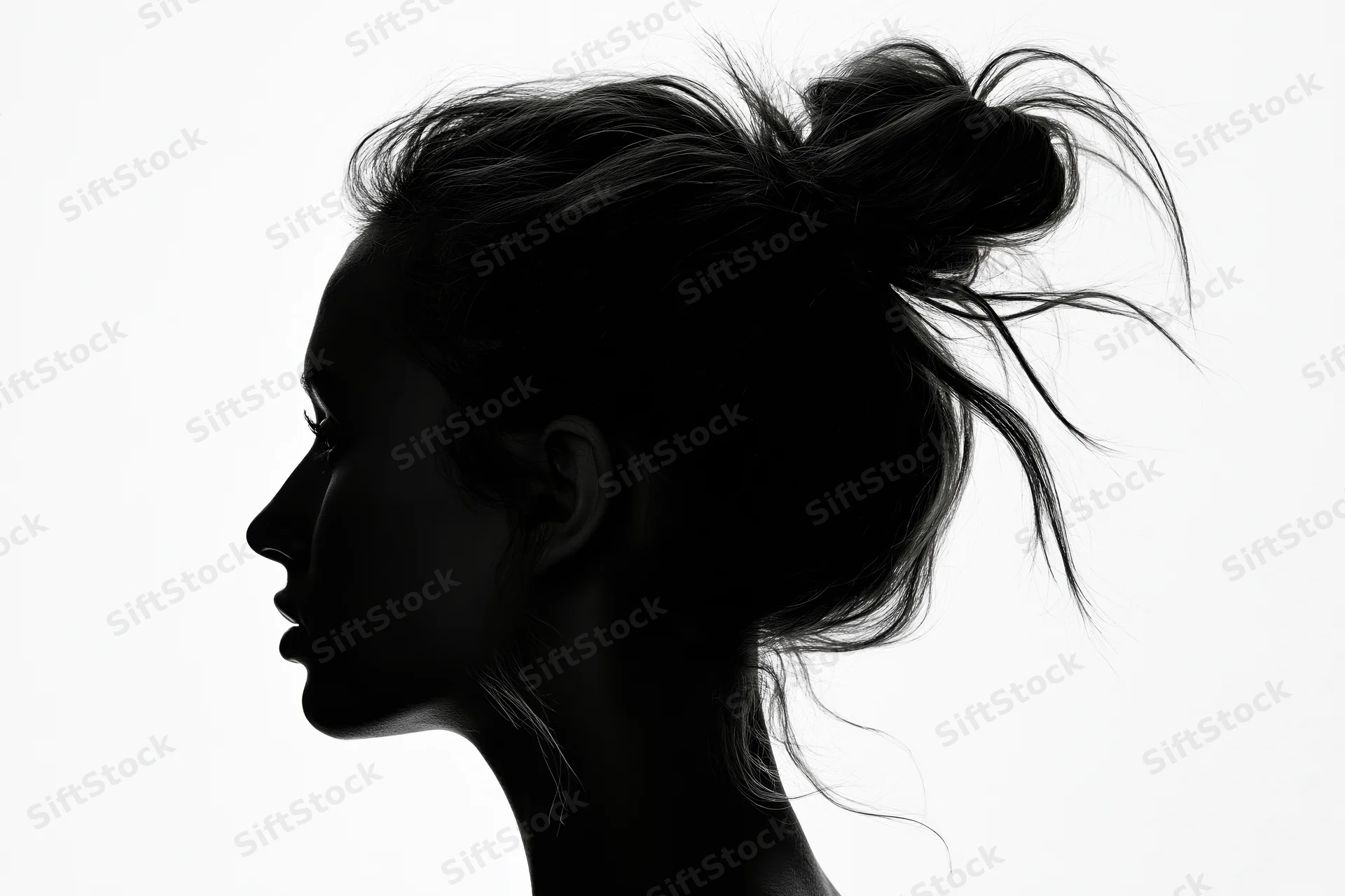 Silhouette of a woman in profile with hair loosely pinned up against white background