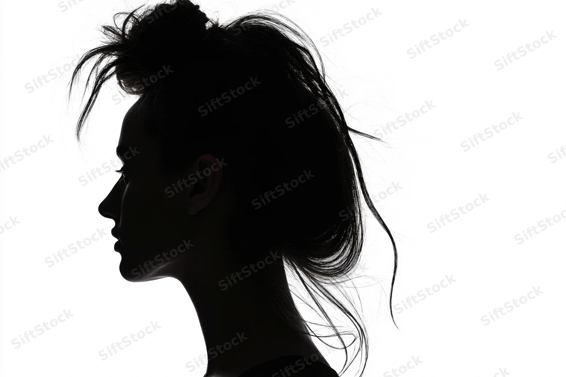 Silhouette of a woman in profile with hair loosely pinned up against white background