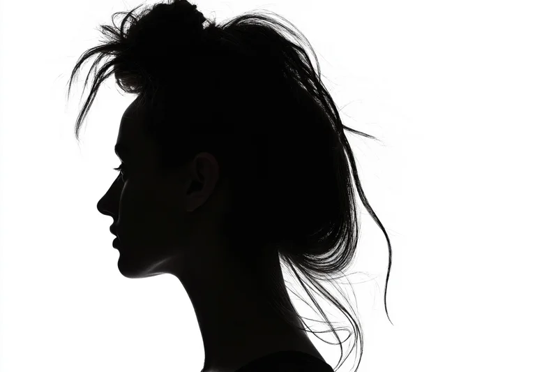 Silhouette of a woman in profile with hair loosely pinned up against white background