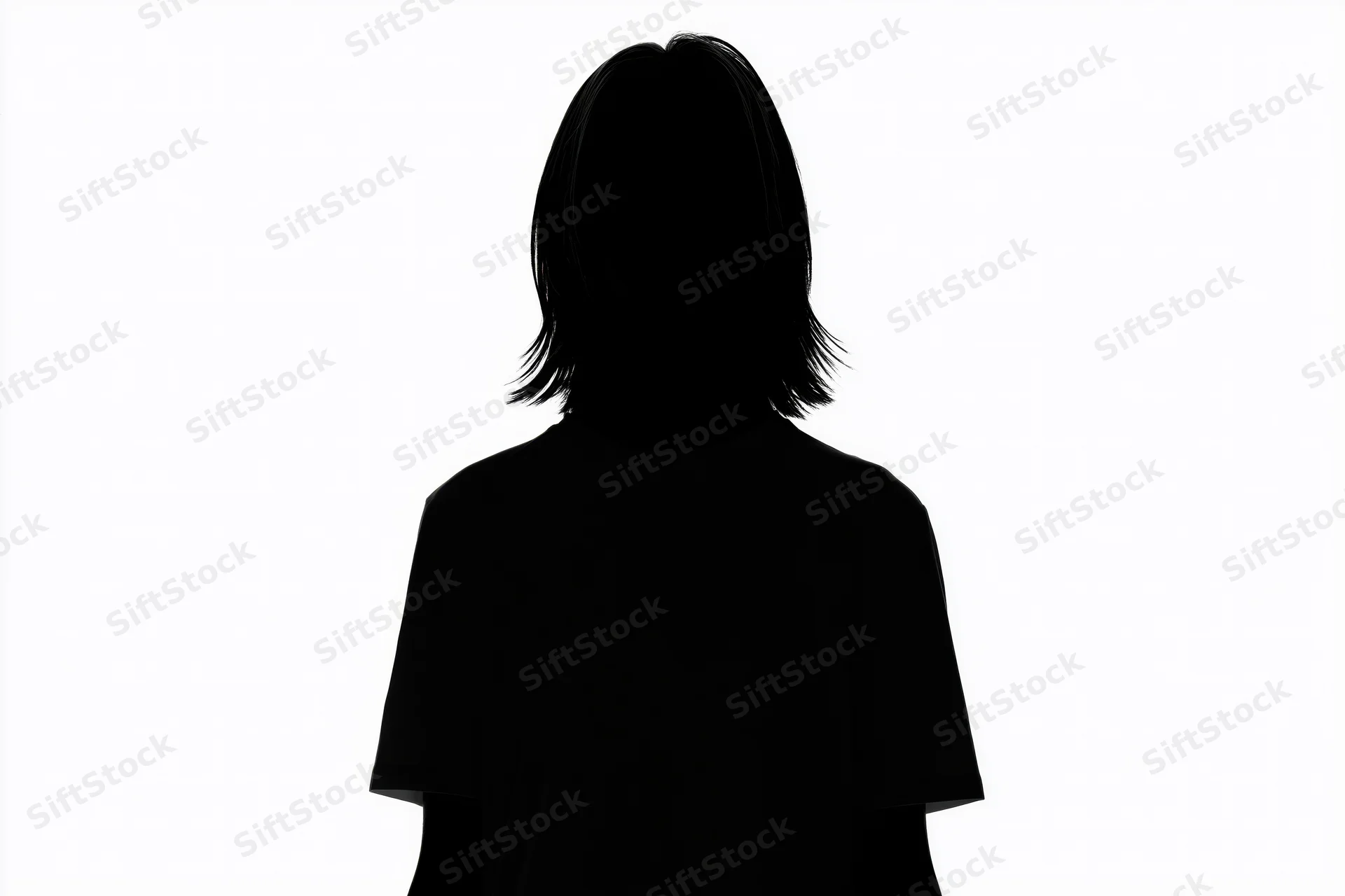 Silhouette of a woman standing still facing forward against white background
