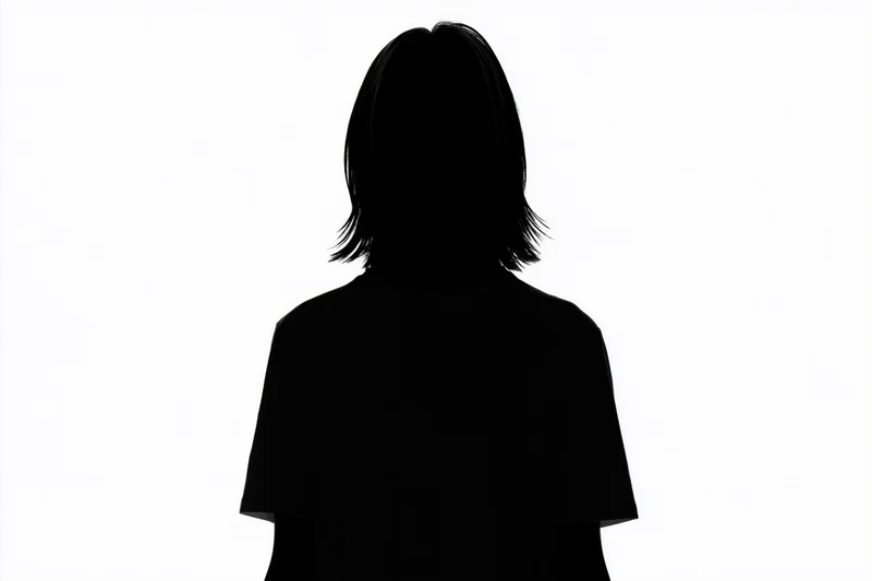 Silhouette of a woman standing still facing forward against white background