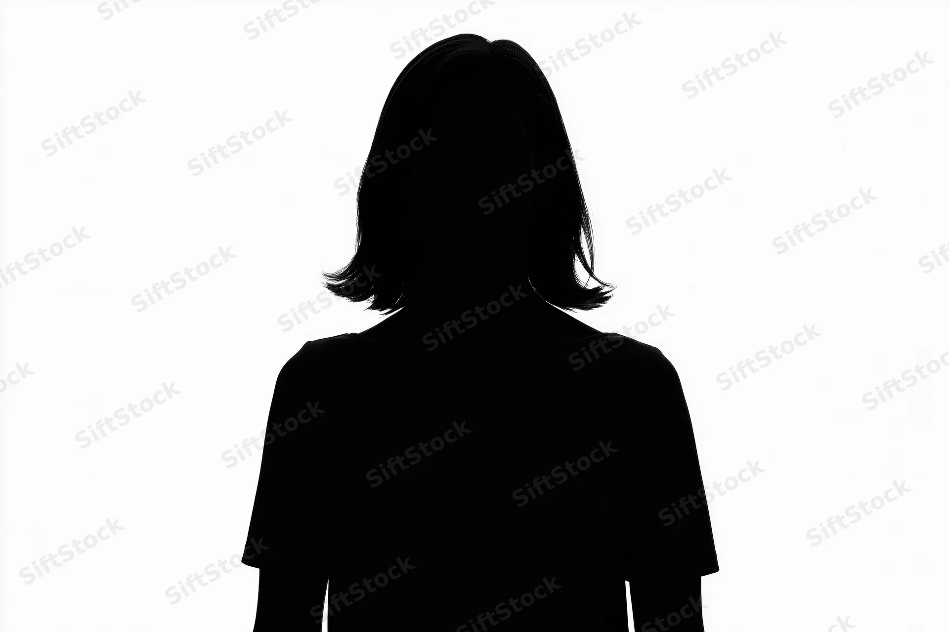 Silhouette of a woman standing still facing forward against white background