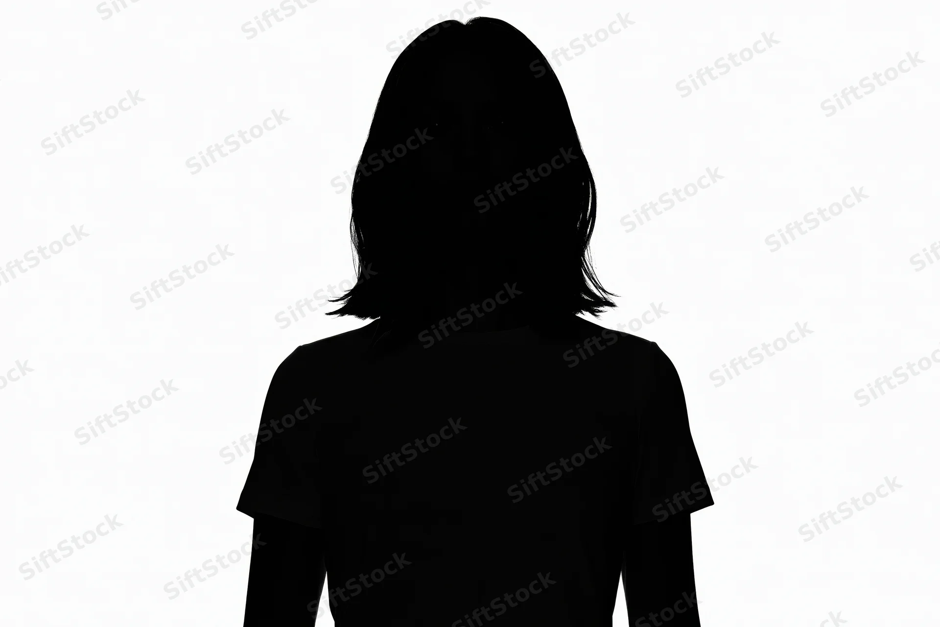 Silhouette of a woman standing still from the front against white background