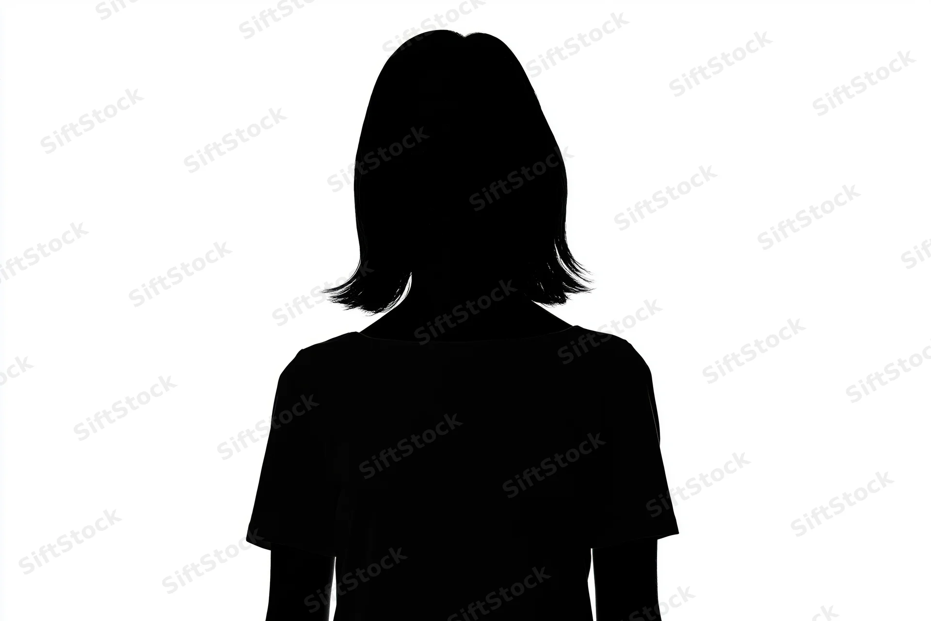 Silhouette of a woman standing still facing forward with shoulder-length hair against white background
