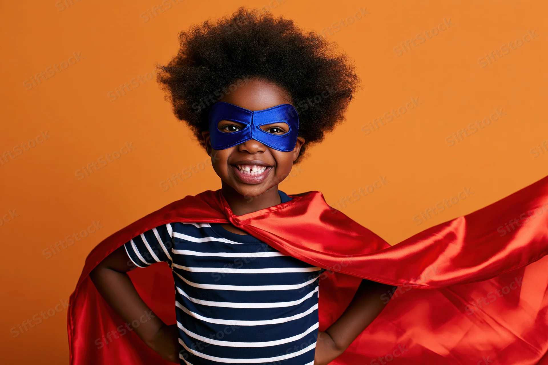 Young black child in superhero costume with red cape and blue mask posing confidently against orange background
