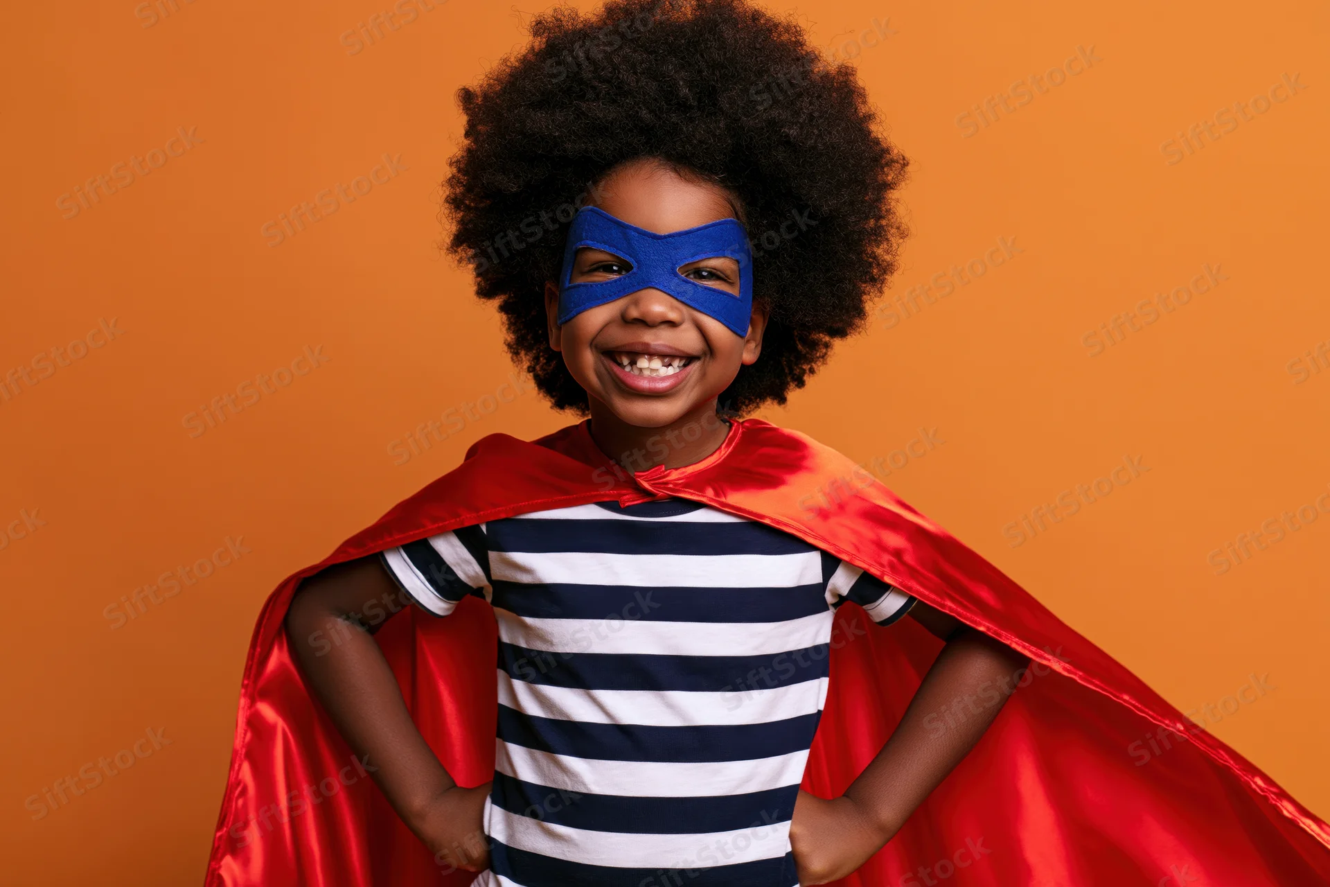 Young black child in superhero costume with red cape and blue mask, hands on hips, smiling against orange background
