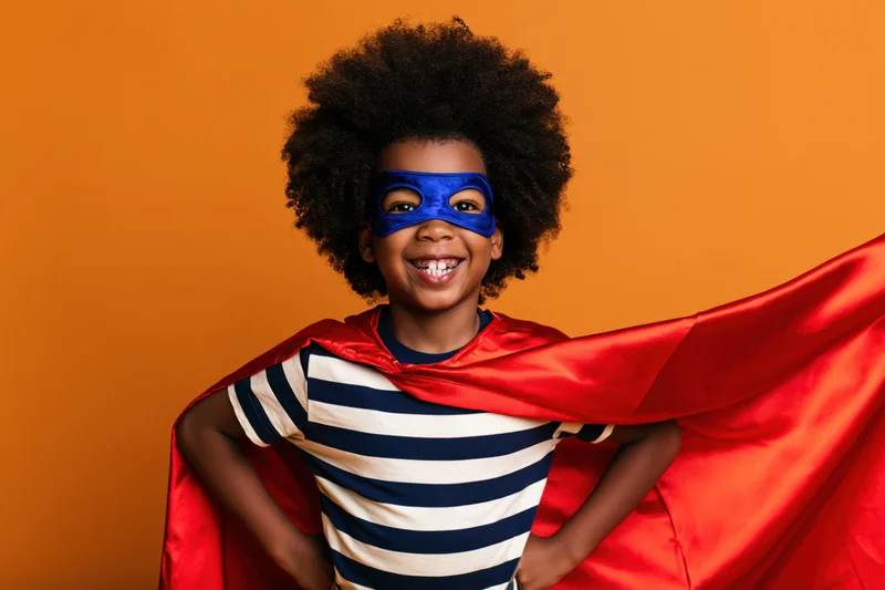 Young black child in superhero costume with red cape and blue mask posing confidently against orange background