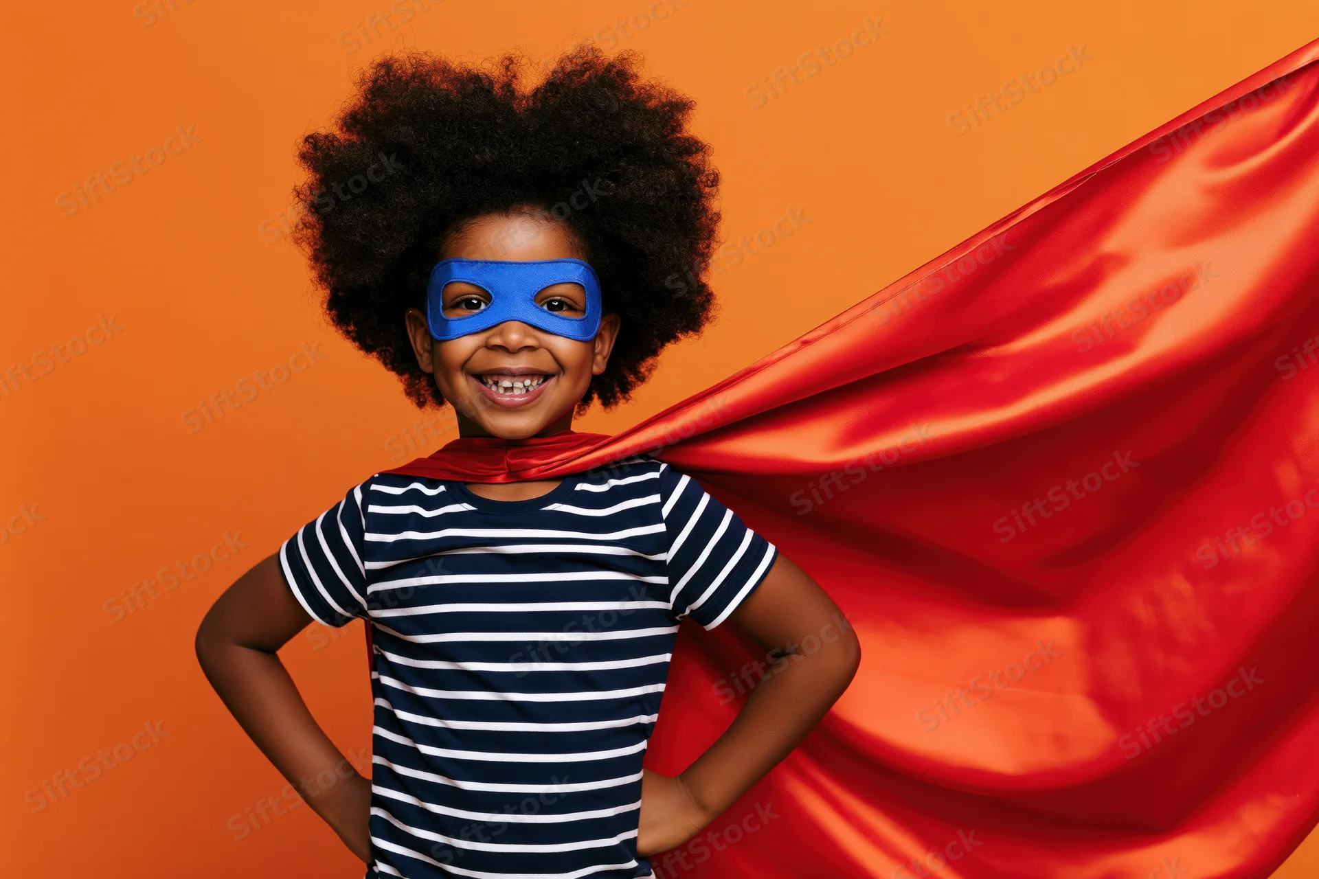 Young black child wearing superhero mask and red cape, hands on hips, smiling against orange background