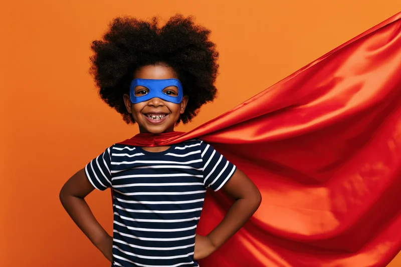 Young black child wearing superhero mask and red cape, hands on hips, smiling against orange background
