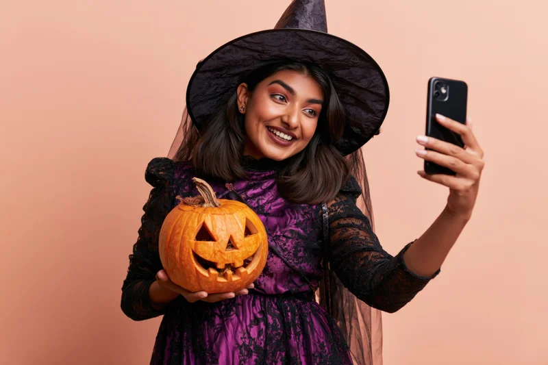 Young southasian woman in witch costume taking selfie with carved pumpkin and smartphone in studio