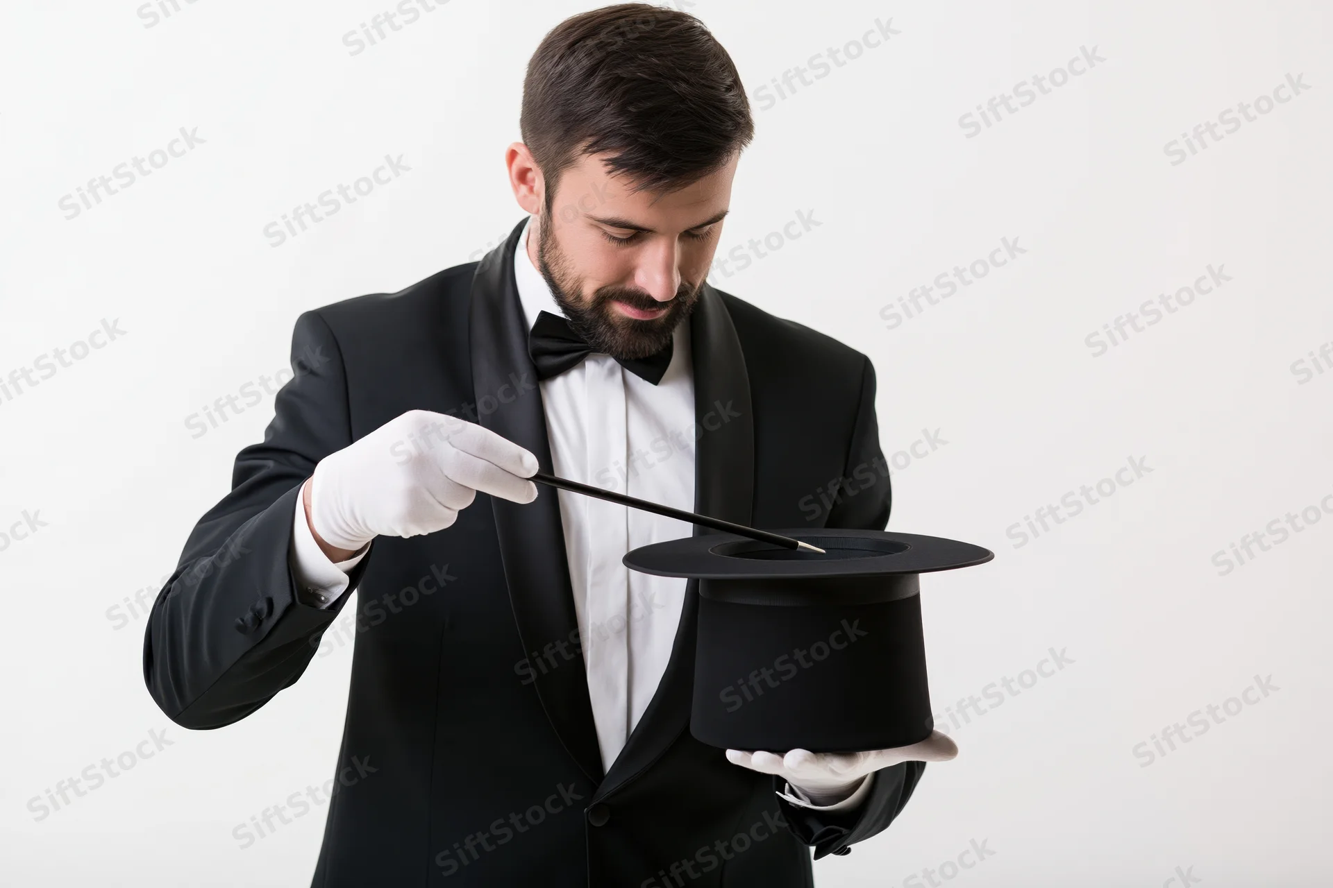 Male magician in tuxedo holding top hat and wand, performing trick against white background